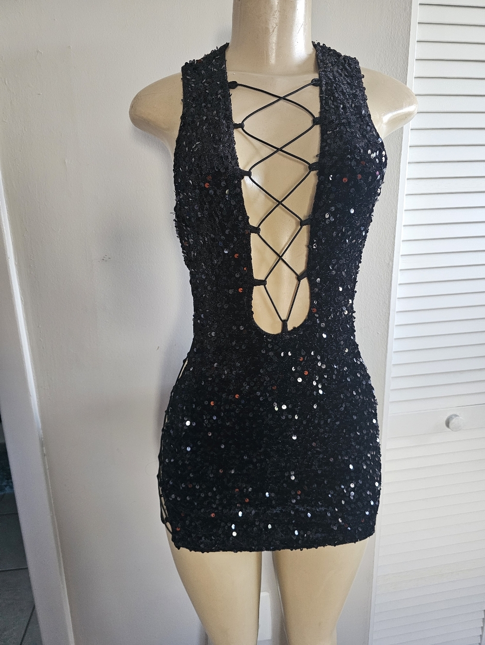 Fashion Nova Black Sequin Lace-Up Plunge Mini Dress